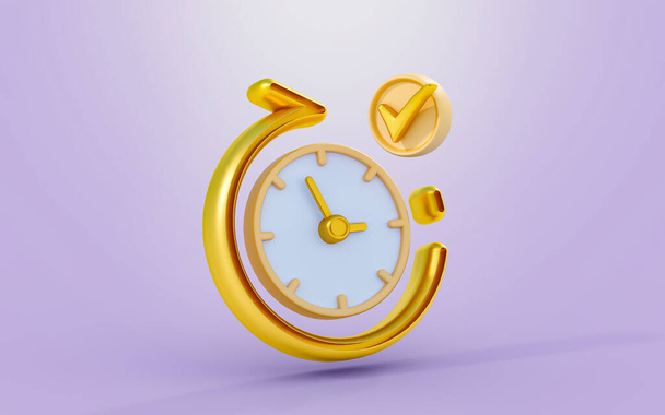 reloj con la flecha de rotación signo de verificación 3d renderizado concepto para el tiempo rebobinar historia completa - Foto, imagen