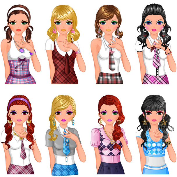 Back to School cute young female characters wearing school outfits - Vector, Image