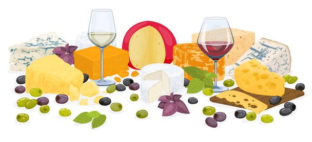 Cheese flat colored composition various pieces of cheese with fruit snacks and wine vector illustration - Vector, Image