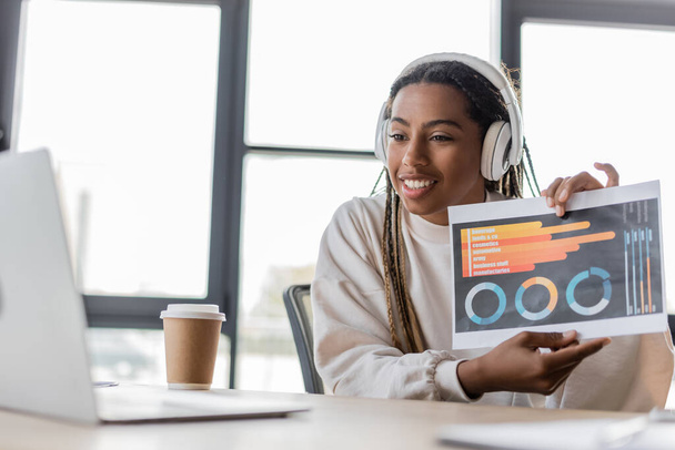 Positive african american businesswoman in headphones holding paper with charts during video call on laptop in office  - Foto, Bild