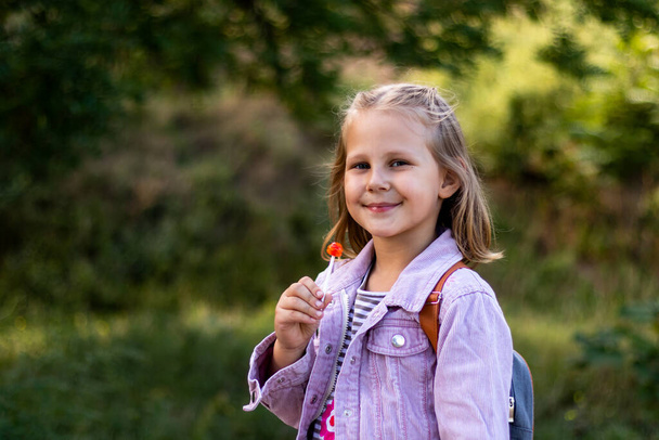 una niña en la naturaleza con una piruleta en las manos sonríe y mira a la cámara - Foto, Imagen