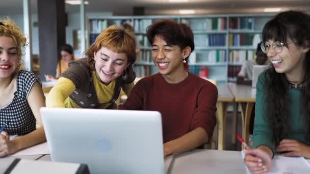 Junge Menschen lernen gemeinsam in der Bibliothek - Schulpädagogisches Konzept - Filmmaterial, Video