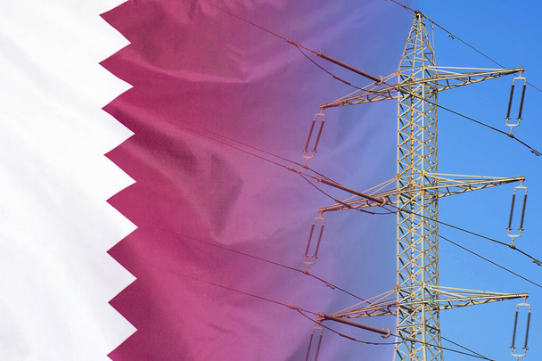 Katar zászló elektromos rúd háttér. Áramhiány és megnövekedett energiafogyasztás Katarban. Energiafejlesztés és energiaválság Katarban - Fotó, kép