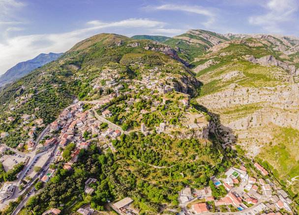 Old city Sunny view of ruins of citadel in Stari Bar town near Bar city, Montenegro. Drone view. - 写真・画像