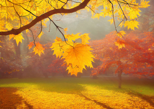 Ветка кленового дерева с желтыми осенними листьями, осень в парке, солнечный день. Цифровая иллюстрация на основе рендеринга по нейронной сети - Фото, изображение