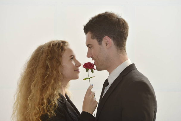 Biznesmen dając czerwony kwiat do businesswoman, romans w miejscu pracy. - Zdjęcie, obraz