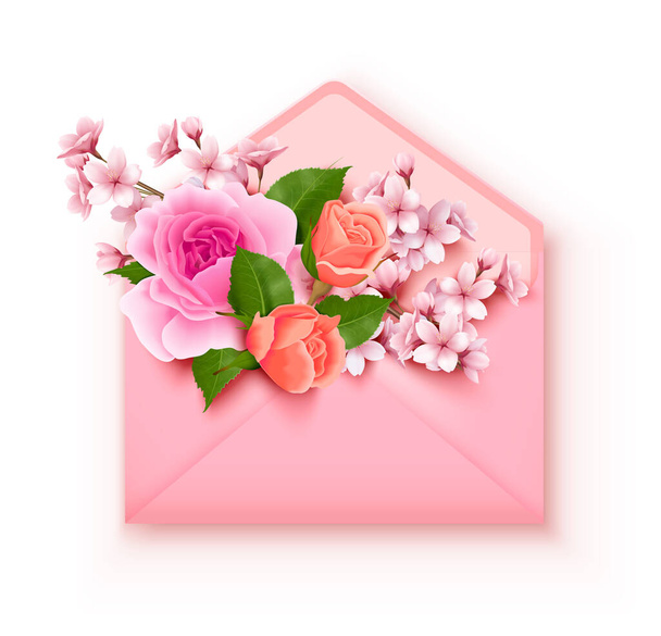 Envelope with flowers realistic composition with isolated image of open pink letter bunch of flowers inside vector illustration - Vector, imagen