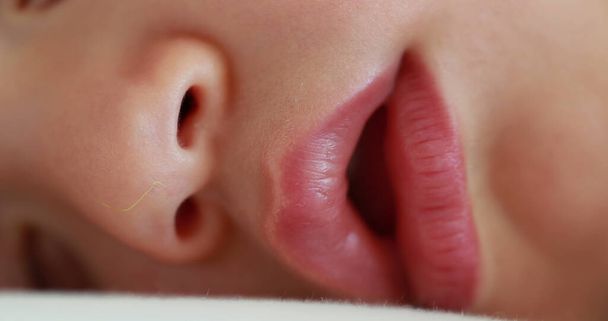 Baby sleeping face closeup. Infant macro lips and nose close-up napping. Toddler asleep nap - 写真・画像