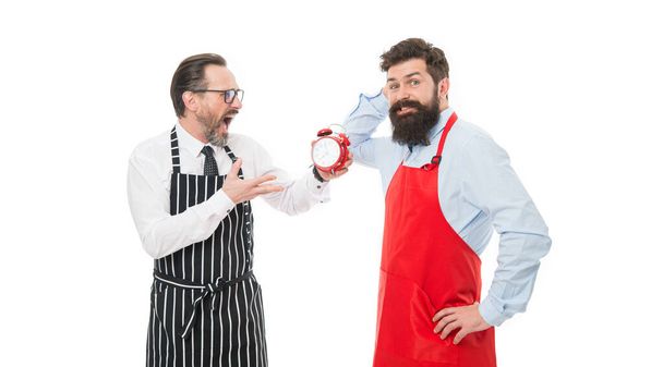 lunch time. catering business. chef team in apron. Food delivery. men competition in cooking. fast food. bearded men with alarm clock. deadline. cafe and restaurant opening. its time for good lunch. - Foto, Bild