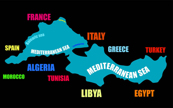 Mediterranean Sea. Map boundaries of Mediterranean Sea with other countries. Vector illustration - Vector, Imagen