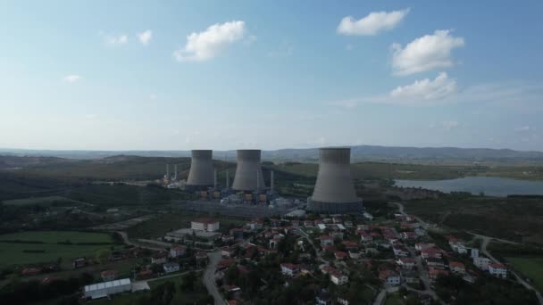 aerial cooling chimneys for electrical energy, power plant - Footage, Video