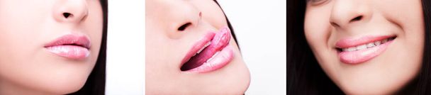 Set of womans lips with natural pink lipstick makeup. Close up sexy lipgloss make-up - Foto, Imagen