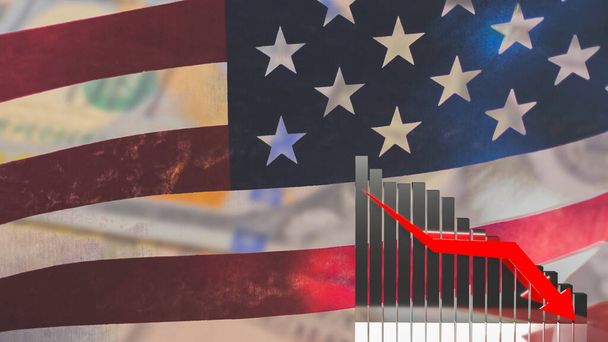 Business grafico freccia verso il basso su sfondo bandiera America rendering 3d - Foto, immagini