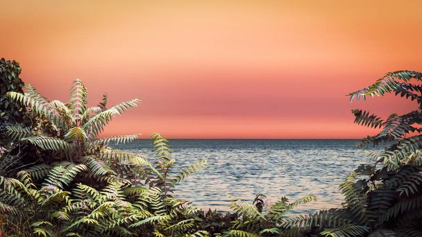 Groene bladeren op zee achtergrond. Zonsondergang landschap. vooraanzicht - Foto, afbeelding