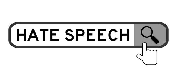 Banner de búsqueda en discurso de odio de palabra con icono de lupa de mano sobre fondo blanco - Vector, imagen