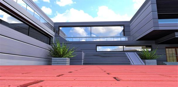 Pedras de pavimentação vermelhas no quintal de uma elegante casa de design construída de acordo com um projeto exclusivo. Renderização 3d. - Foto, Imagem