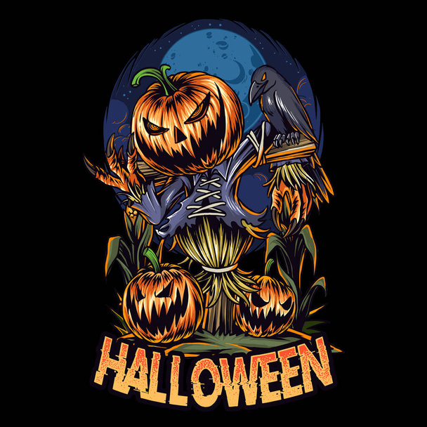 Halloween tök Madárijesztő fej a sötét éjszakában - Vektor, kép