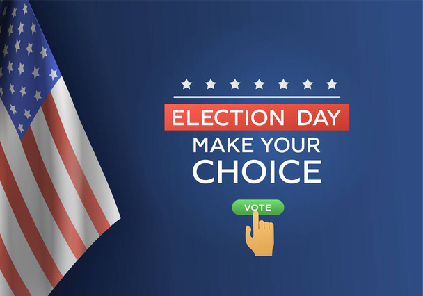 Volby hlasování realistické pozadí s kliknutelným hlasovacím tlačítkem upravitelný text a americká vlajka na modrém pozadí vektorové ilustrace - Vektor, obrázek