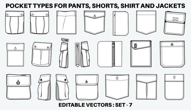Patch pocket flat sketch vector ilustracja zestaw, różne rodzaje odzieży Kieszenie na jeansy kieszeń, dżinsy, ramię rękaw, spodnie cargo, sukienki, torba, odzież, Odzież i akcesoria - Wektor, obraz