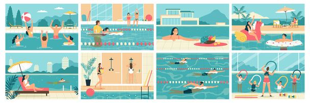 Ludzie pływanie szkolenia relaks w basenie płaski zestaw izolowany wektor ilustracji - Wektor, obraz