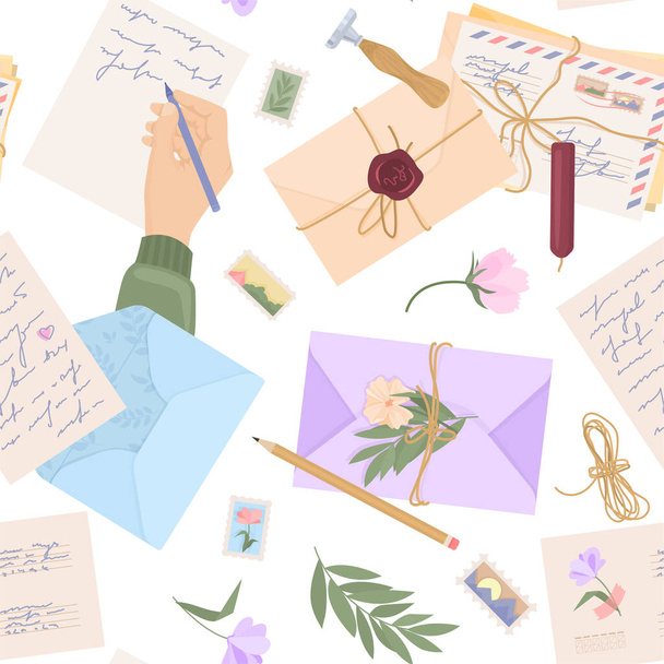 Letras românticas post flat pattern womans mão escreve uma carta de amor envelopes flores e atributos ao lado de ilustração vetorial - Vetor, Imagem