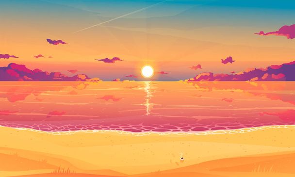 Sunset sky background with sea nature symbols flat vector illustration - Vector, Image