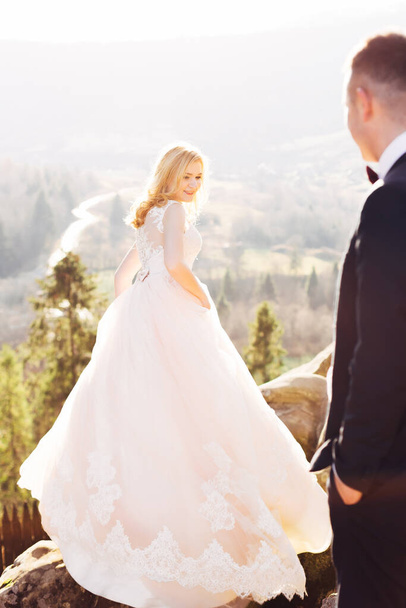 back view of bride with hairstyle on a background of mountains. profile of the groom in the foreground. - Photo, Image