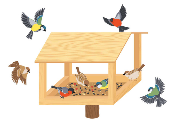 Birds cartoon composition with isolated images of birds flying around wooden feeding box with grain seed vector illustration - Vector, Image