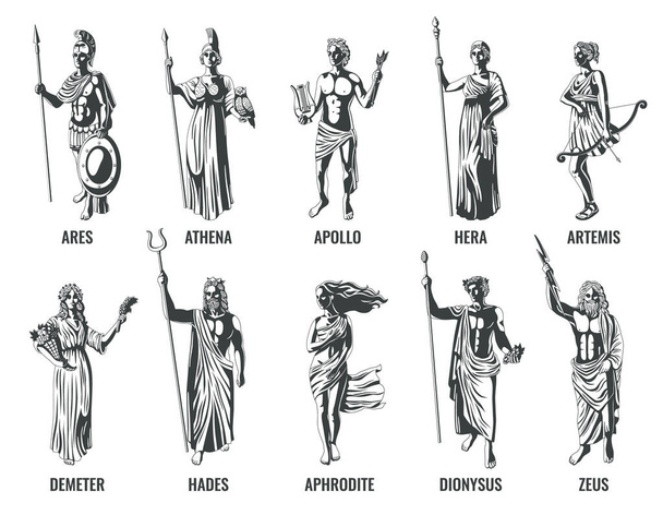 Стародавні грецькі олімпійські боги з їхніми іменами плоскі чорно-білі множини ізольовані векторні ілюстрації - Вектор, зображення