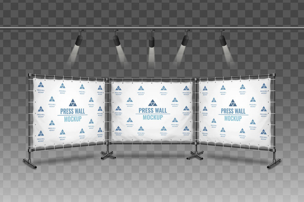 Realista maqueta de pared de prensa iluminada por focos en la ilustración de vectores de fondo transparente - Vector, imagen