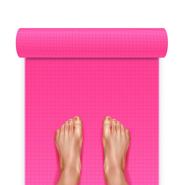 Vista dall'alto sul tappeto yoga di colore rosa con piedi femminili nudi illustrazione vettoriale realistica - Vettoriali, immagini
