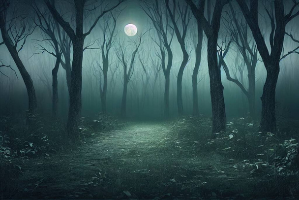 a illustration of a creepy forest with full moon - Photo, Image