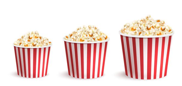Realistisches süßes und salziges Popcorn in gestreiften Eimern - Vektor, Bild