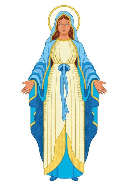 Maagd Maria kleur compositie met geïsoleerd beeld van heilige vrouw met blauwe jurk en gouden halo vector illustratie - Vector, afbeelding