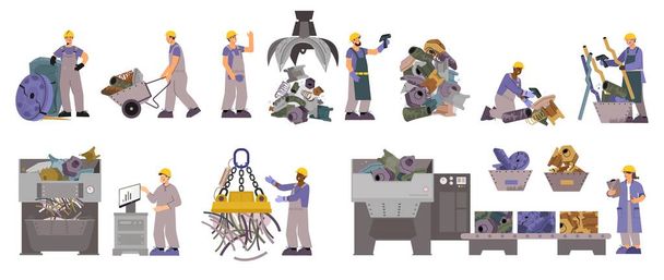 Scrap metal flat set with isolated images of machinery workers and iron waste items being pressed vector illustration - Vector, Image