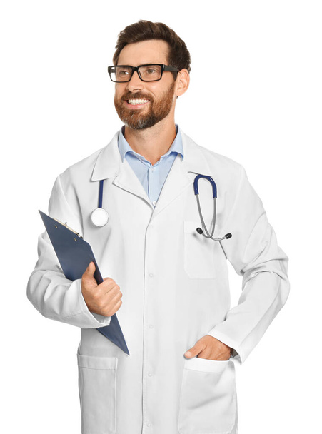 Doctor with stethoscope and clipboard on white background - Φωτογραφία, εικόνα