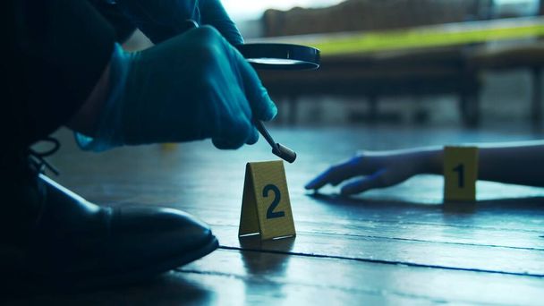 Detective Collecting Evidence in a Crime Scene. Forensic Specialists Making Expertise at Home of a Dead Person. The Concept of Homicide Investigation by Professional Police Officer. - Foto, Imagen