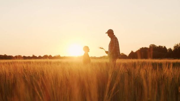Farmer and his son in front of a sunset agricultural landscape. Man and a boy in a countryside field. The concept of fatherhood, country life, farming and country lifestyle. - Φωτογραφία, εικόνα
