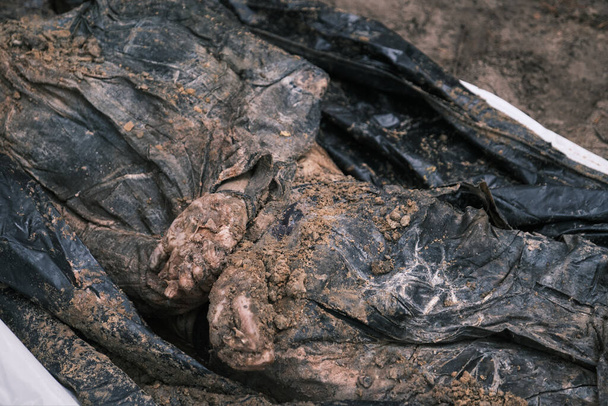 ウクライナのハルキウ州イズーム。2022年9月17日。質量墓からの450体の発掘。犠牲者の多くはロシア占領中に拷問され殺害された。その中には子供もいた. - 写真・画像