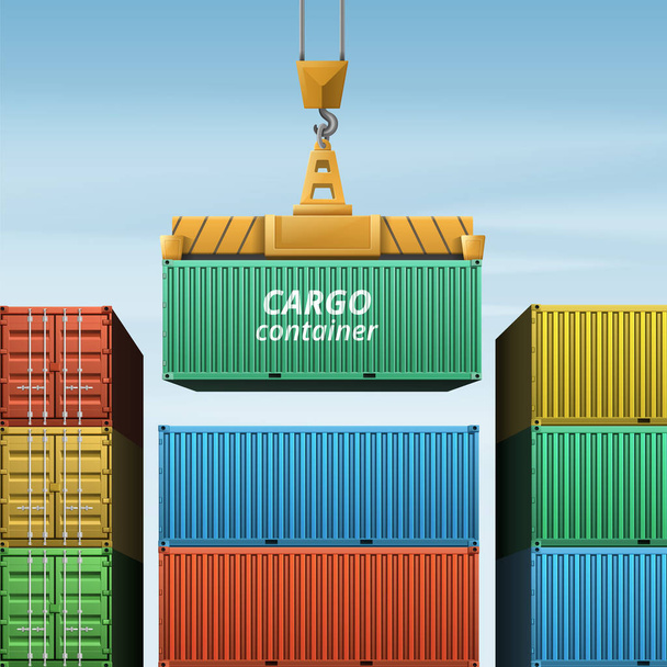 Грузовой контейнер реалистичной композиции с видом на открытый вид подвешенного крана погрузки подвешенного грузового контейнера на векторную иллюстрацию - Вектор,изображение