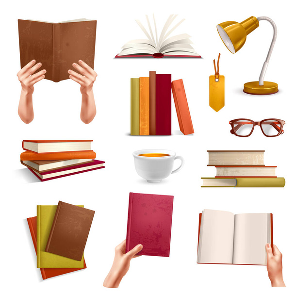 Ρεαλιστικά εικονίδια εραστή βιβλίων που με το βιβλιοπωλείο και την ανάγνωση σύμβολα απομονωμένη διανυσματική απεικόνιση - Διάνυσμα, εικόνα