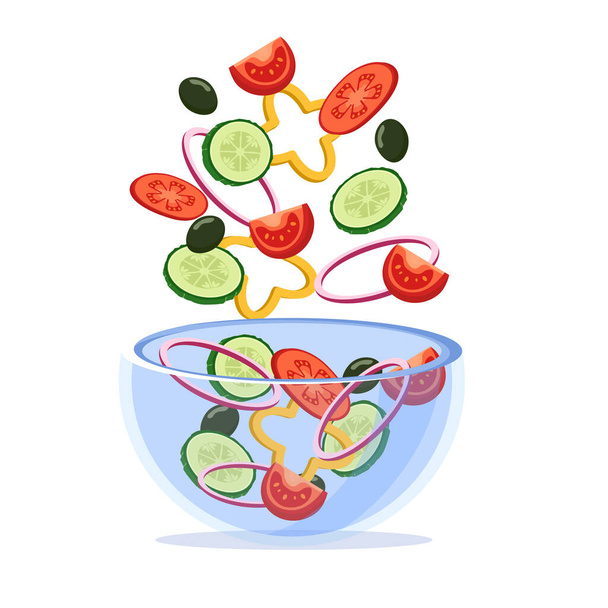 Salat in einem Glasteller. Gemüse fällt in einen Teller zum Salat, isoliert auf weißem Hintergrund. flacher Stil. - Vektor, Bild