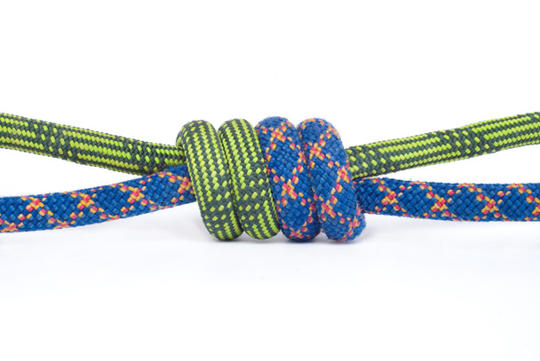 Rope for mountaineering. Grapevine knot. - Zdjęcie, obraz