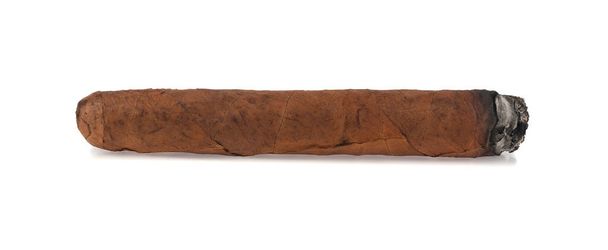 Cigar isolated on white background. Detail for design. Design elements. Macro. Full focus. Background for business cards, postcards and posters. - Photo, Image