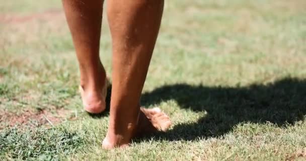 Βρεγμένα αρσενικά γυμνά πόδια περπατούν στο καμμένο γρασίδι, από κοντά. Η ιδέα του να περπατάς ξυπόλητος. Αργή κίνηση, φυσικό φως - Πλάνα, βίντεο