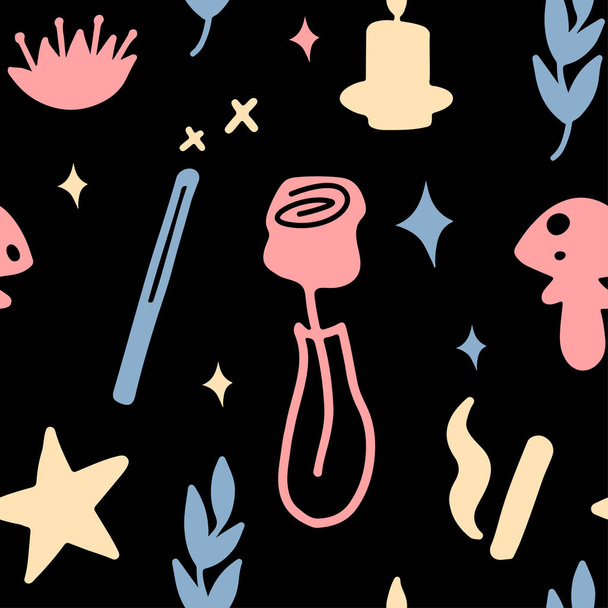 Padrão sem costura mágica doodle pastel linha com rosa e cogumelos isolados - Vetor, Imagem