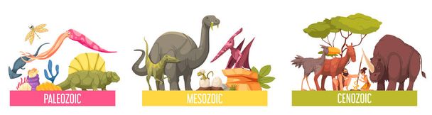 Escala geocronológica con ilustración de vectores de dibujos animados aislados de épocas mesozoicas y cenozoicas paleozoicas - Vector, imagen