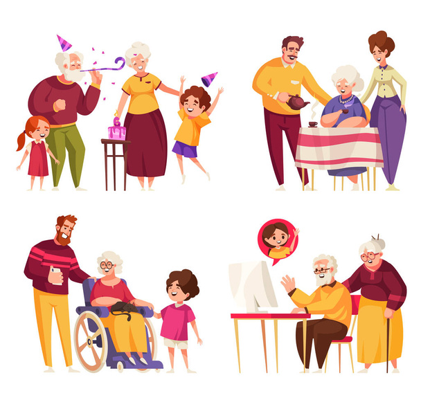 Composições de idosos conjunto com membros mais velhos e mais jovens da família ilustração vetor isolado - Vetor, Imagem