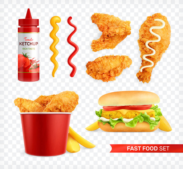 Pollo comida rápida realista conjunto con imágenes aisladas de alitas de pollo hamburguesa cubo y salsa manchas vector ilustración - Vector, imagen