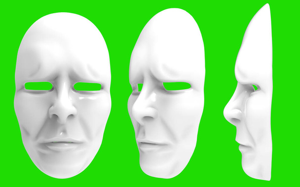 Ilustración aislada de la representación 3d de la máscara teatral triste blanca en el backgorund de la pantalla verde. - Foto, imagen